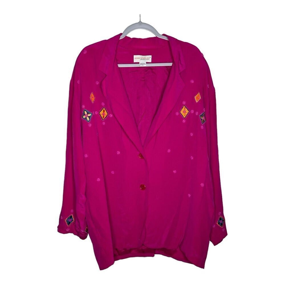 Adam Douglass Vintage Silk Blazer Womens XL Embroidered Beaded Pink Boho 90s